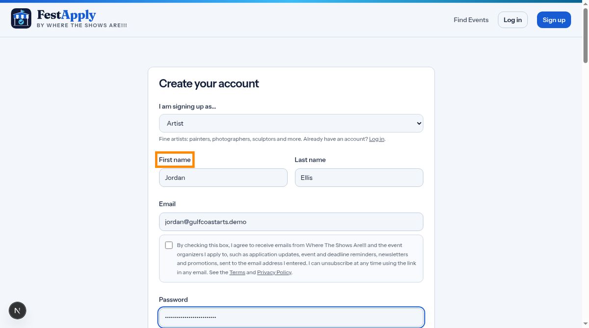 Your name, email and password