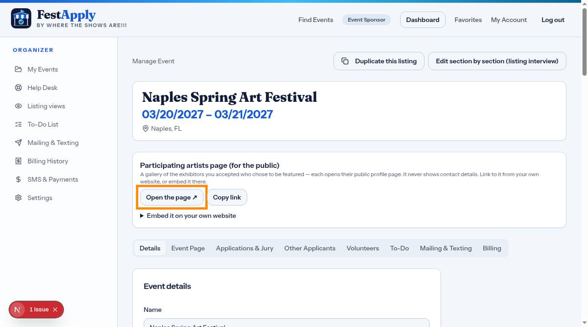 Your event page