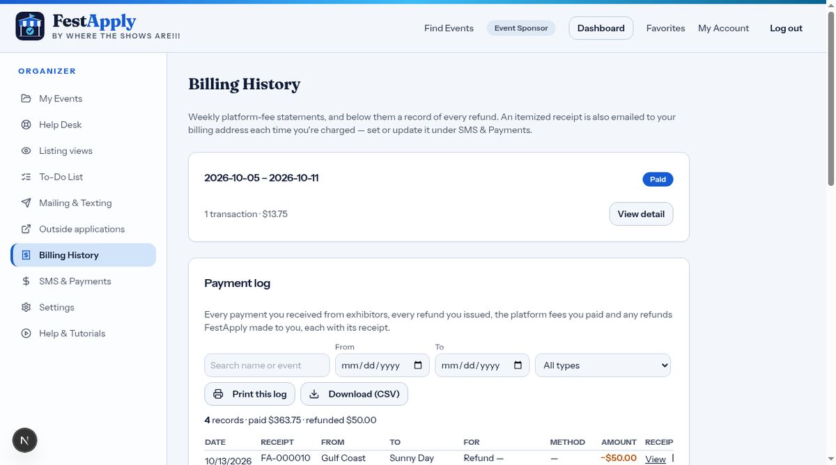 Billing history