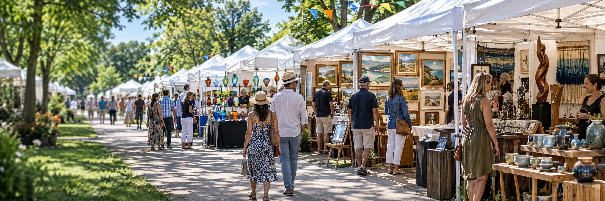 A sunny juried art and craft show with rows of white tents, paintings, pottery and visitors browsing